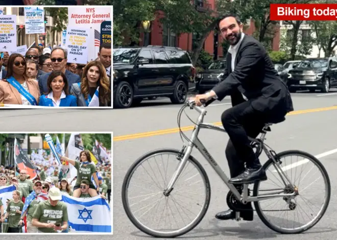Ex-mayors join Hochul, Tisch and thousands at NYC’s Israel parade — while No-Show Mamdani bizarrely rides bike around town in business suit, no helmet