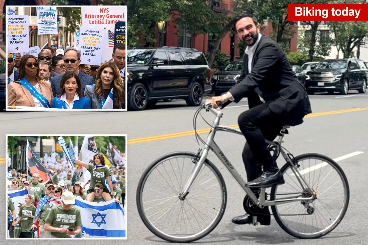 Ex-mayors join Hochul, Tisch and thousands at NYC’s Israel parade — while No-Show Mamdani bizarrely rides bike around town in business suit, no helmet