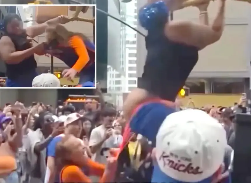 Wild video shows catfight over Knicks parade viewing spot as woman loses pants — then twerks in orange thong