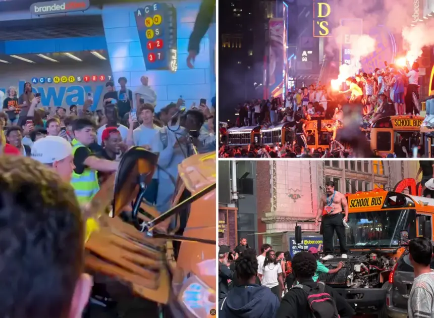 Knicks fans set school bus on fire in Times Square madness: ‘I’m scared for my homies!’