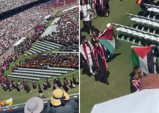 Protest at Stanford University graduation as Google CEO Sundar Pichai takes the stage