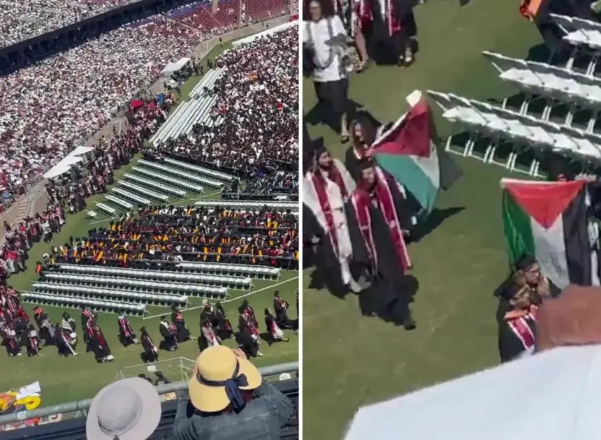 Protest at Stanford University graduation as Google CEO Sundar Pichai takes the stage