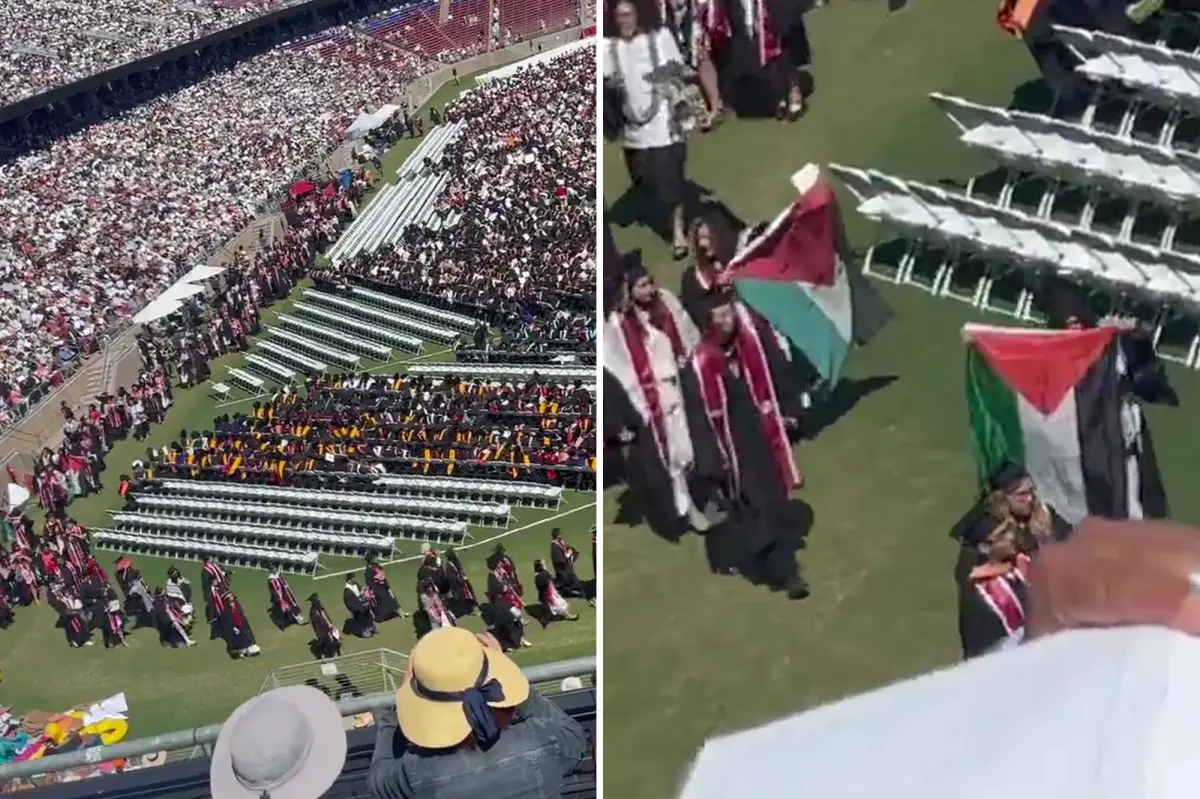 Protest at Stanford University graduation as Google CEO Sundar Pichai takes the stage
