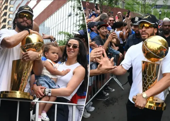 Jalen Brunson lifts Larry O’Brien trophy alongside wife, daughter at Knicks parade