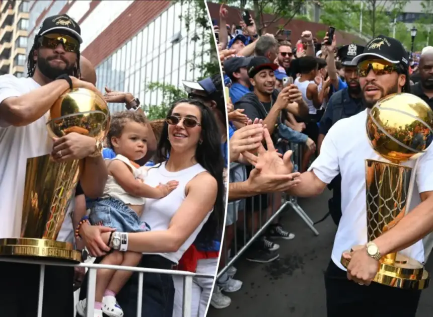 Jalen Brunson lifts Larry O’Brien trophy alongside wife, daughter at Knicks parade