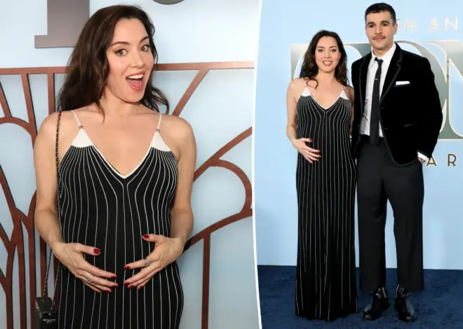 Aubrey Plaza cradles her baby bump while supporting partner Chris Abbott at Tony Awards 2026