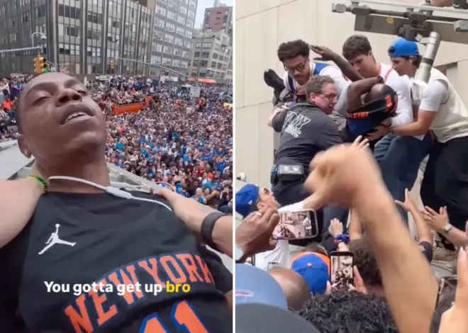 Chaotic moment Knicks fans climb structure to save reveler from apparent overdose during championship parade