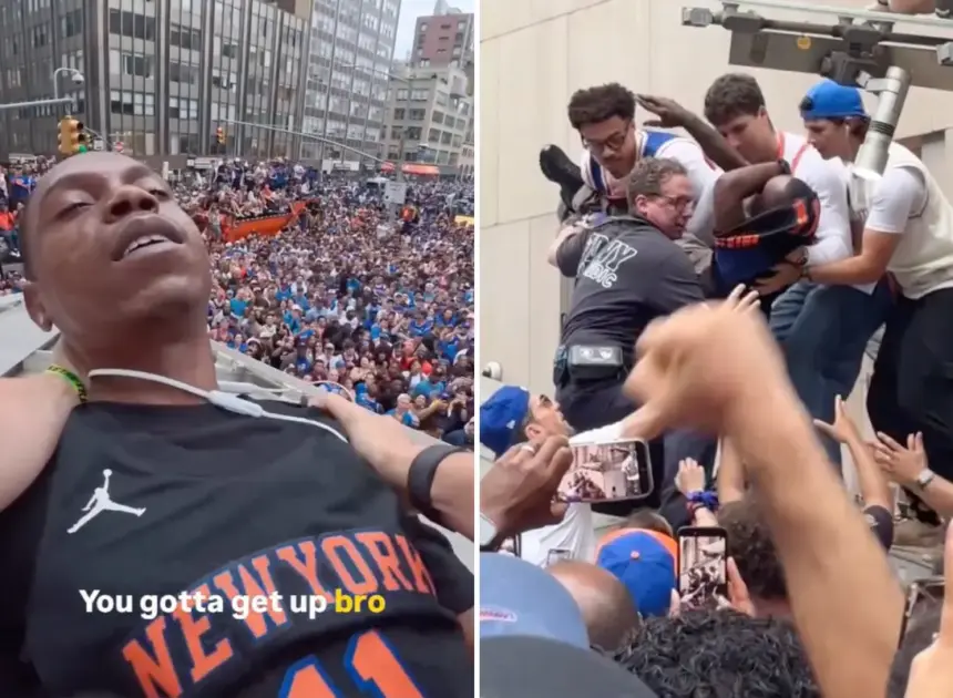 Chaotic moment Knicks fans climb structure to save reveler from apparent overdose during championship parade