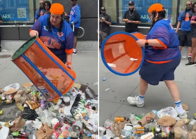 ‘Incredibly stupid’ Knicks fan dumps trash onto the street to steal blue and orange trashcan