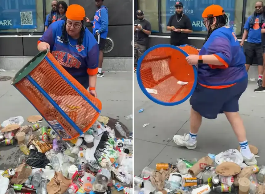 ‘Incredibly stupid’ Knicks fan dumps trash onto the street to steal blue and orange trashcan