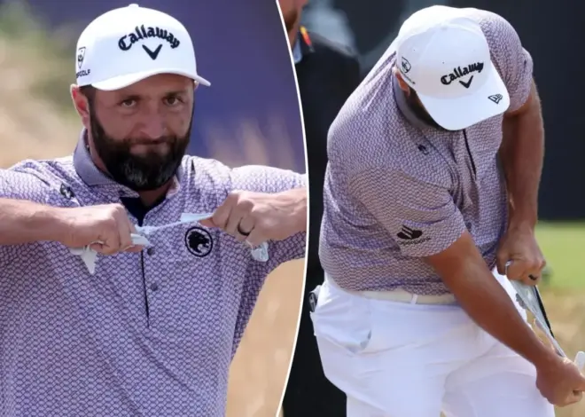 Jon Rahm tears glove apart after hitting first shot out of bounds again in British Open meltdown