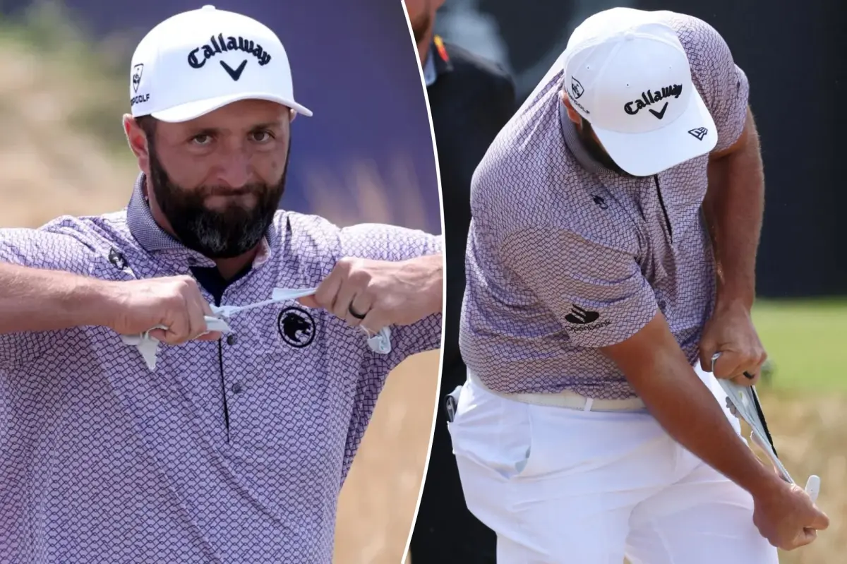 Jon Rahm tears glove apart after hitting first shot out of bounds again in British Open meltdown