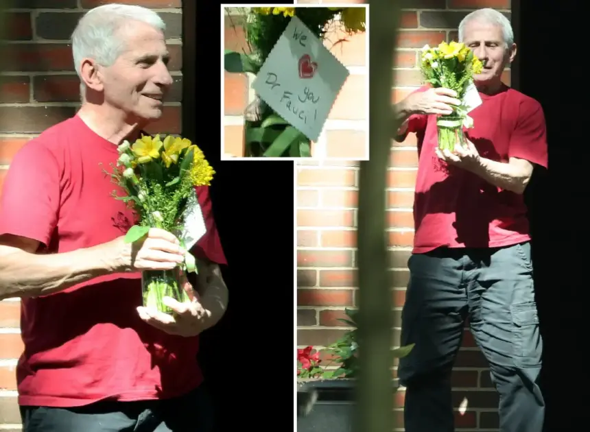 Limelight-loving Fauci all smiles as he’s surprised by flowers left by adoring fan — after getting savaged by Senate Republicans