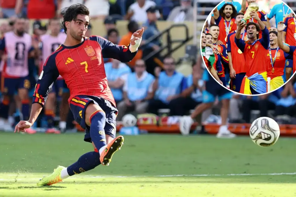 An image collage containing 2 images, Image 1 shows Spain's Ferran Torres #7 kicks a soccer ball during the FIFA World Cup 2026 Final against Argentina, Image 2 shows Spain's Ferran Torres lifts the World Cup trophy with teammates