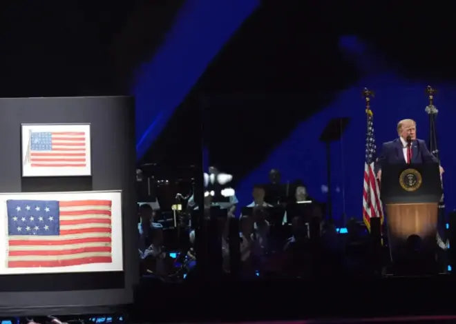 Trump has one of the country’s first flags on stage, dating from 1777, during Fourth of July speech
