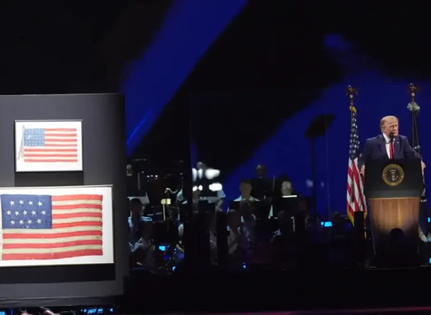 Trump has one of the country’s first flags on stage, dating from 1777, during Fourth of July speech
