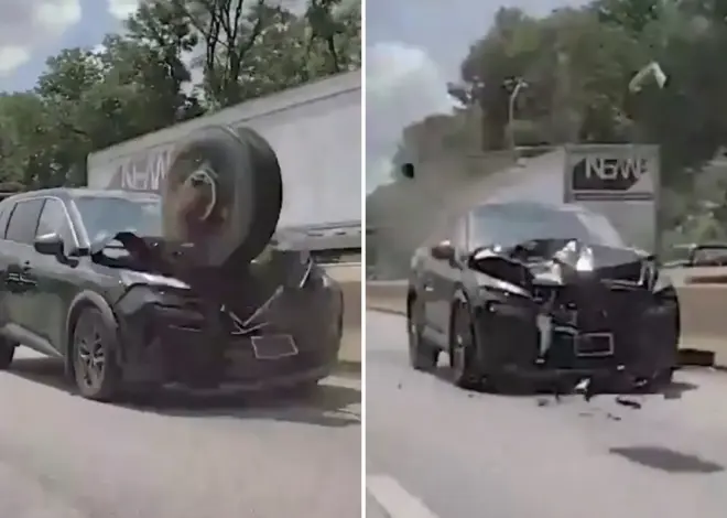 Loose tire flies across Philadelphia highway, pulverizes front end of SUV: wild dashcam