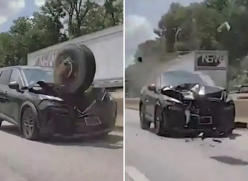 Loose tire flies across Philadelphia highway, pulverizes front end of SUV: wild dashcam