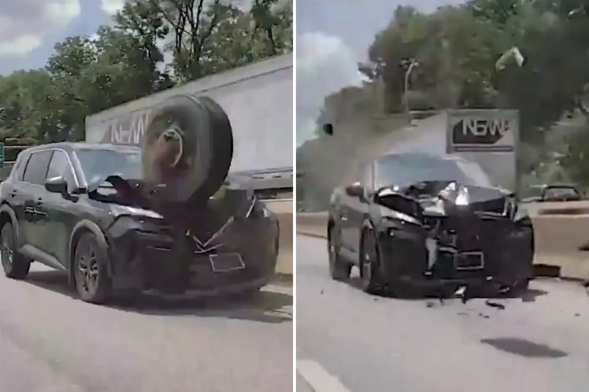 Loose tire flies across Philadelphia highway, pulverizes front end of SUV: wild dashcam