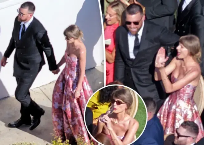 Newlyweds Taylor Swift and Travis Kelce hold hands in first photos post-wedding at former teammate’s nuptials