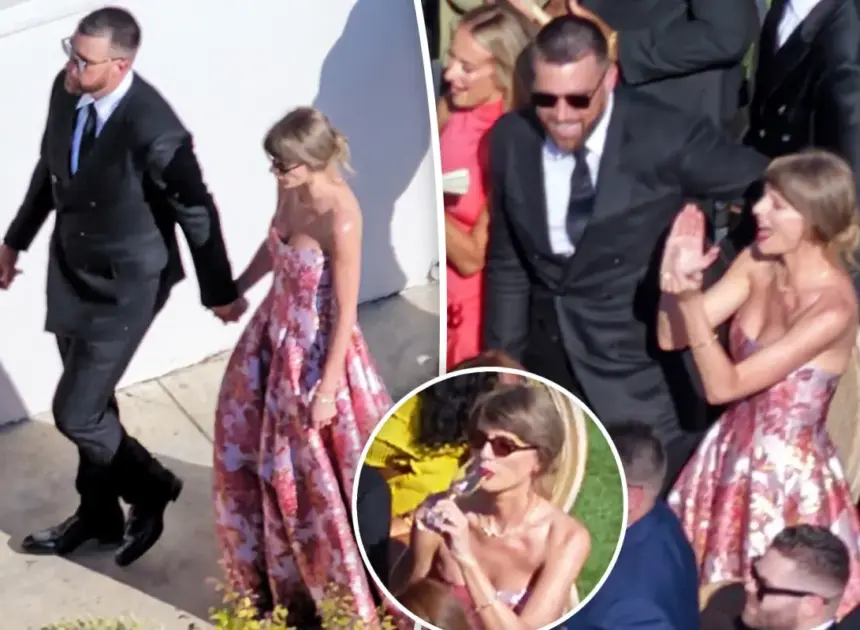 Newlyweds Taylor Swift and Travis Kelce hold hands in first photos post-wedding at former teammate’s nuptials