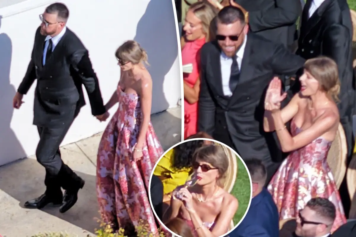 Newlyweds Taylor Swift and Travis Kelce hold hands in first photos post-wedding at former teammate’s nuptials