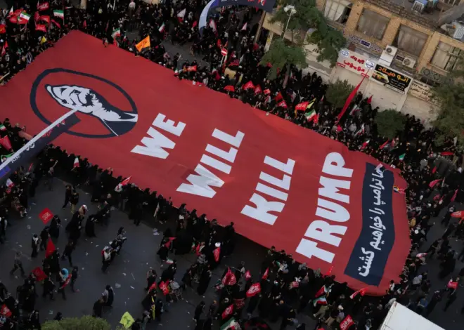 Iranians unfurl chilling banner with Trump assassination threat at Ayatollah Khamenei’s burial