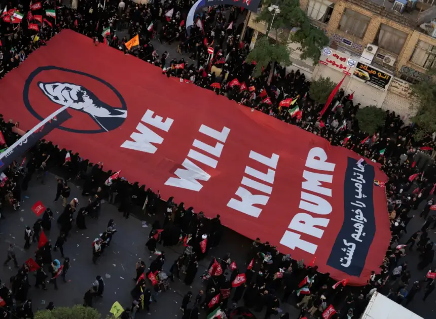 Iranians unfurl chilling banner with Trump assassination threat at Ayatollah Khamenei’s burial
