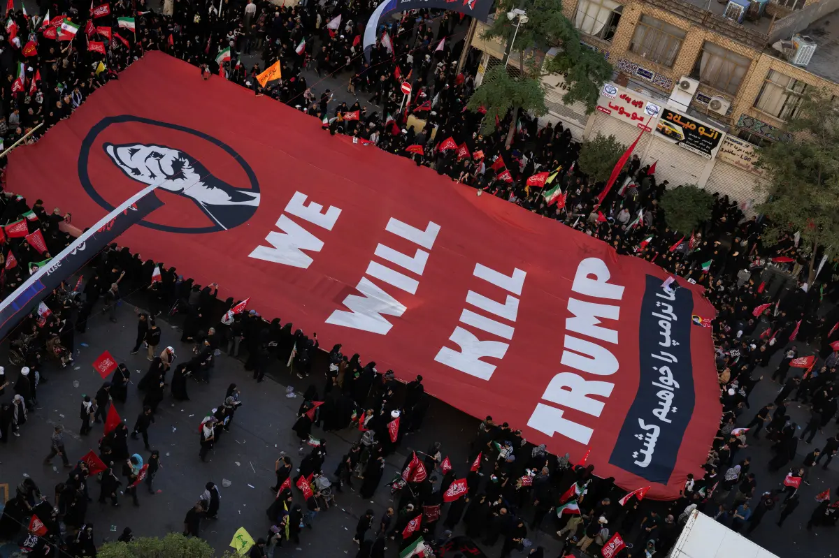 Iranians unfurl chilling banner with Trump assassination threat at Ayatollah Khamenei’s burial