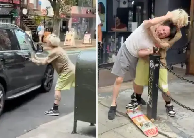 Exclusive | Insane video shows pitiful NYC street fight between skateboarder and Mercedes driver — and one of them ends up regretting it