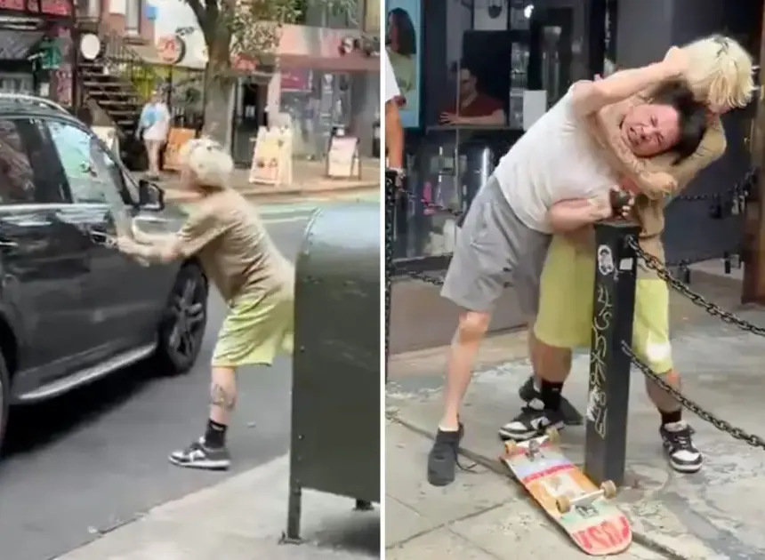 Exclusive | Insane video shows pitiful NYC street fight between skateboarder and Mercedes driver — and one of them ends up regretting it
