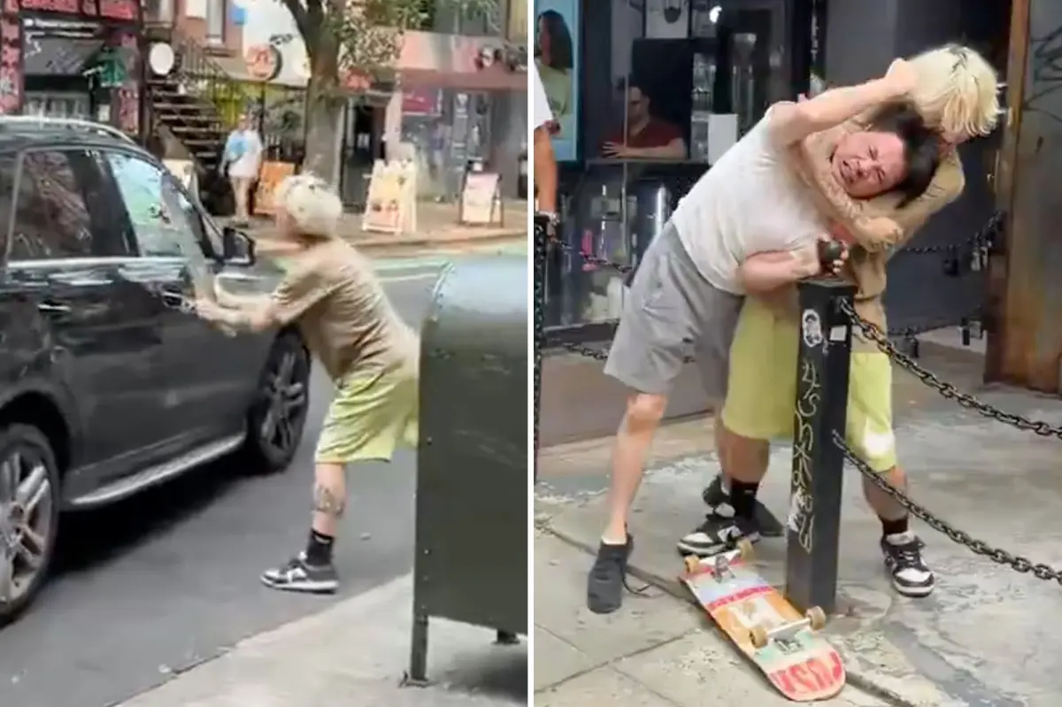 Exclusive | Insane video shows pitiful NYC street fight between skateboarder and Mercedes driver — and one of them ends up regretting it