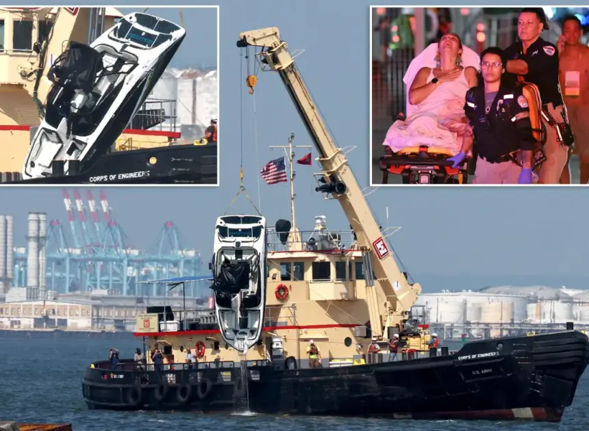 Grim photos show doomed boat pulled from New York Harbor hours after deadly crash killed 2, including tot
