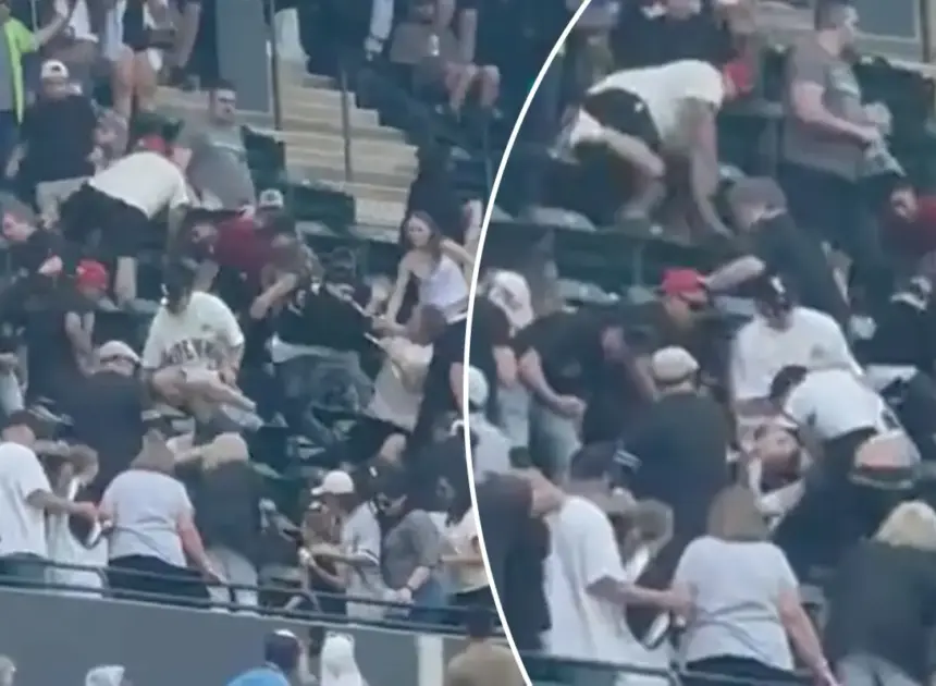 Fan leaps down two rows to stomp fellow spectator in wild brawl during Mets-White Sox game