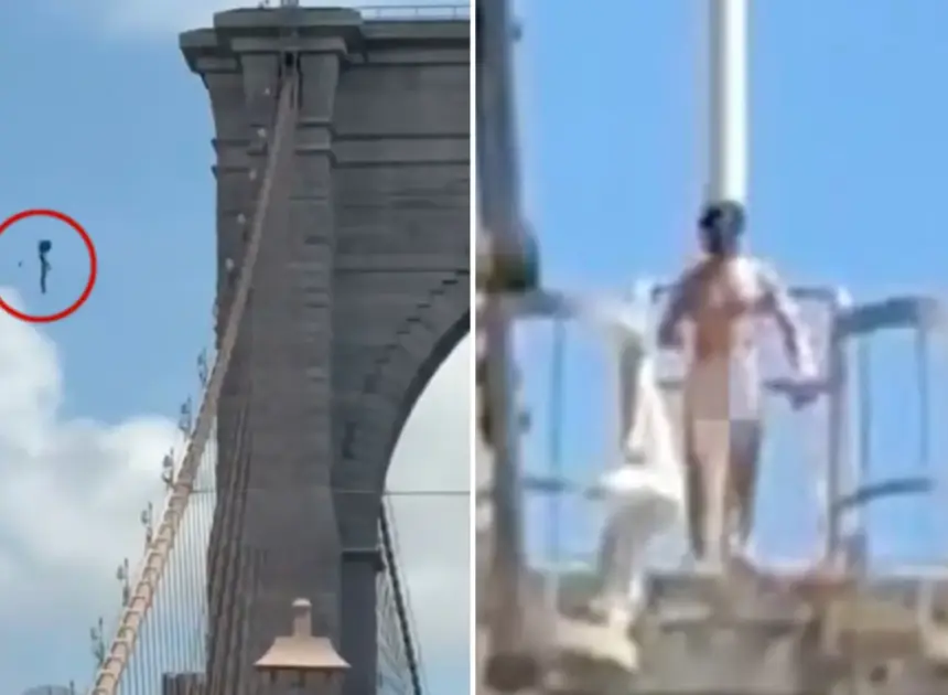 Naked nutjob jumps from Brooklyn Bridge after erecting flags
