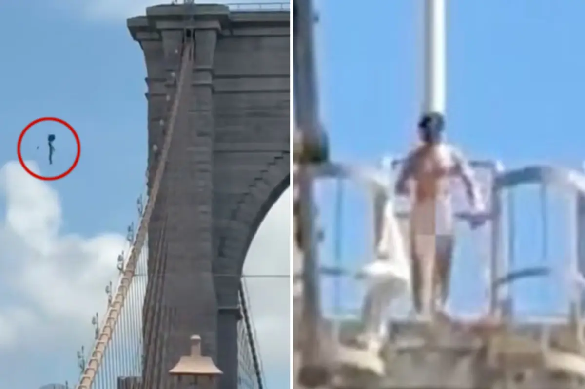 Naked nutjob jumps from Brooklyn Bridge after erecting flags