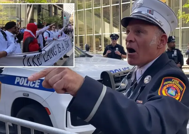NY firefighter goes viral after ripping into ‘anti-American’ protester wrapped in Palestinian flag near Ground Zero