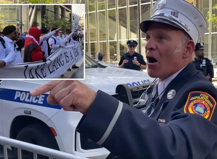 NY firefighter goes viral after ripping into ‘anti-American’ protester wrapped in Palestinian flag near Ground Zero