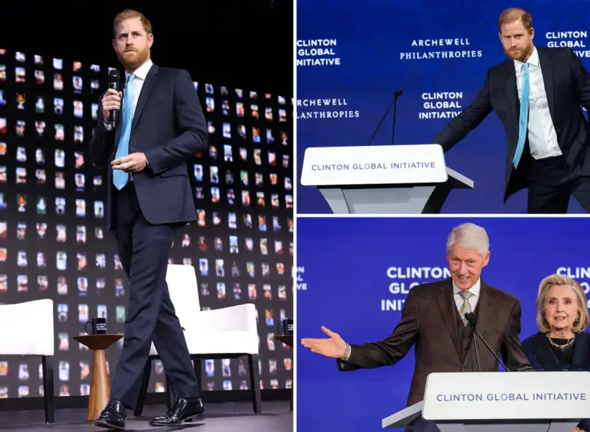 Prince Harry returns to the US to cozy up the Clintons and warn of AI — only to be forced offstage
