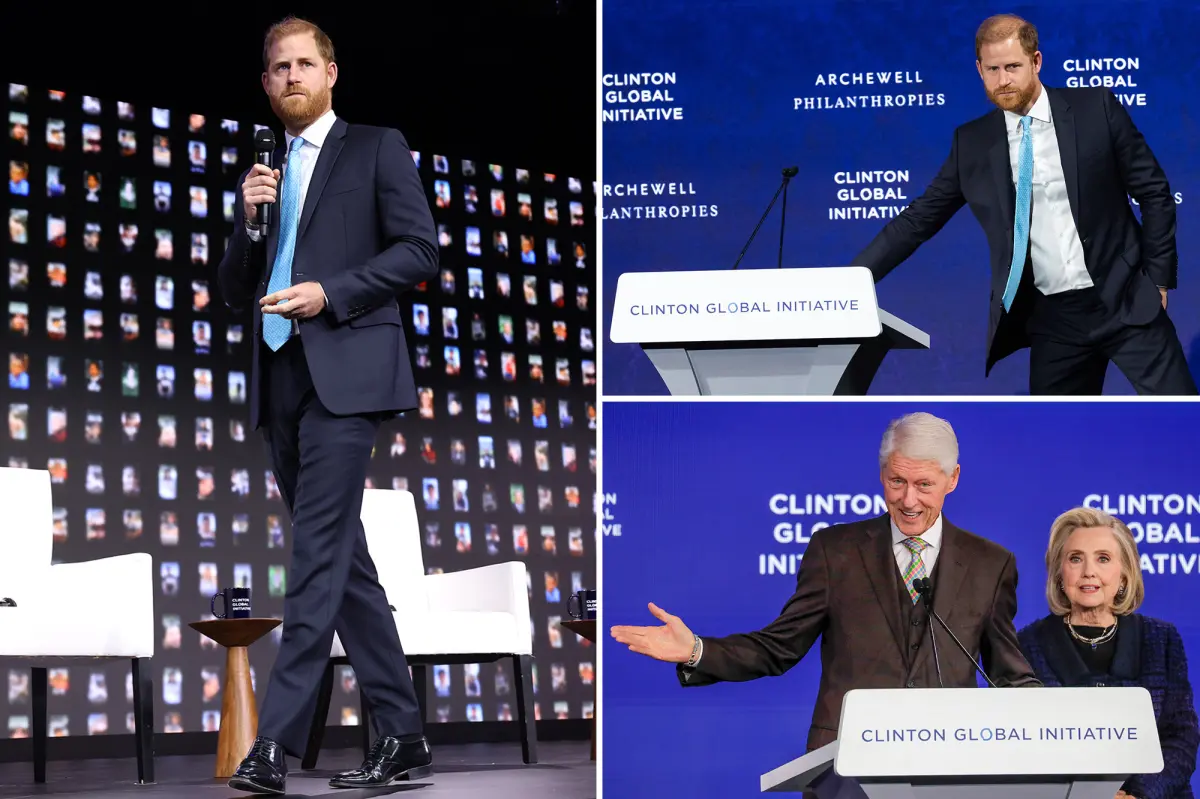Prince Harry returns to the US to cozy up the Clintons and warn of AI — only to be forced offstage