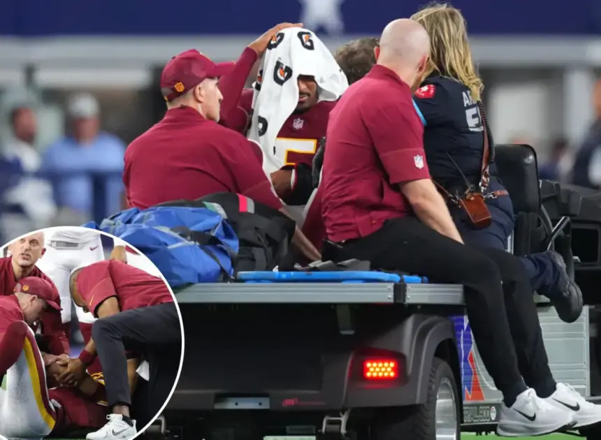 Jayden Daniels carted off field after gruesome arm injury in potential Commanders nightmare