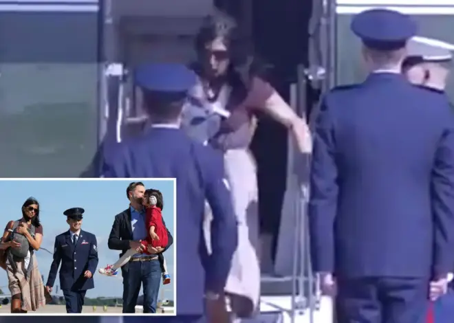 Usha Vance stumbles down vice presidential helicopter steps with infant son strapped to her chest: video