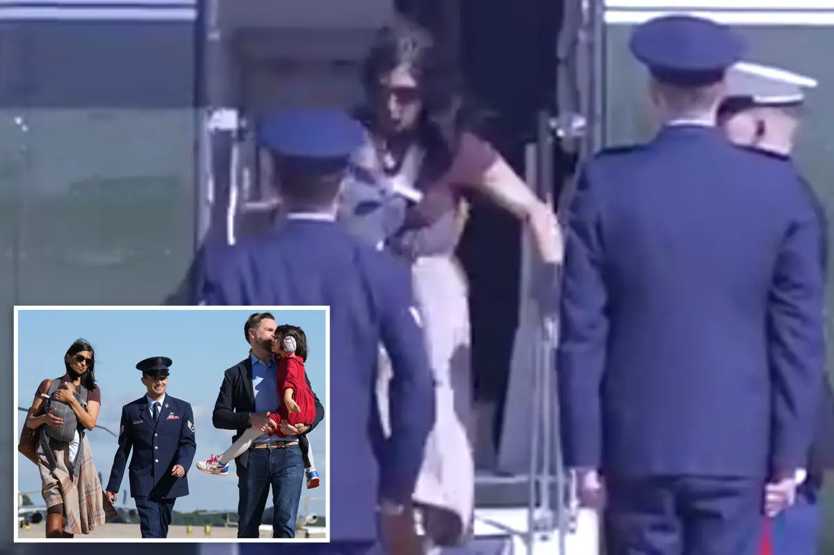 Usha Vance stumbles down vice presidential helicopter steps with infant son strapped to her chest: video